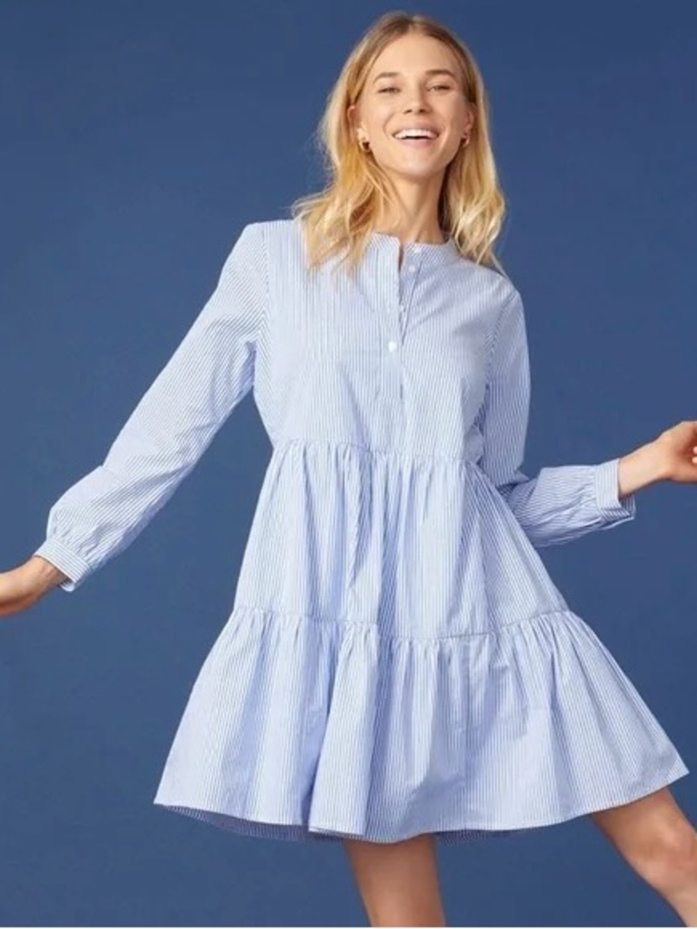J. Crew Factory Light Blue Striped Tiered Shirt Dress
